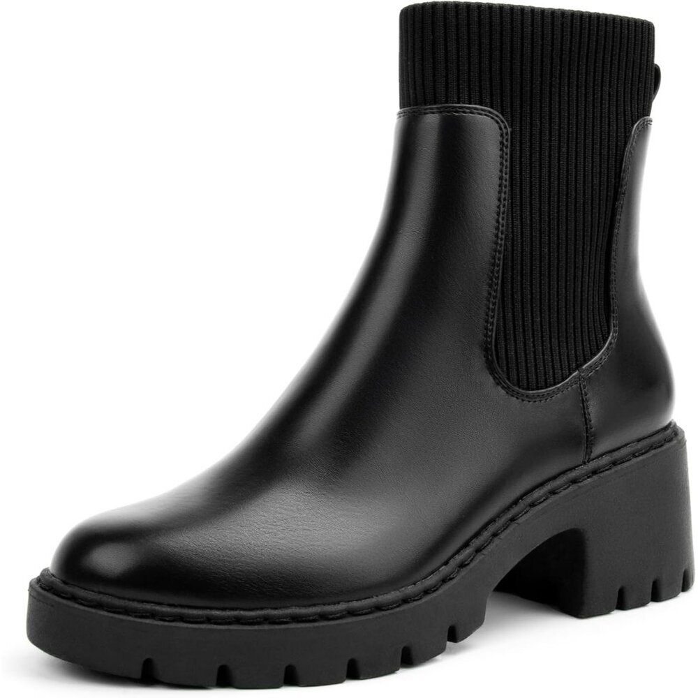 Women's Black Platform Chelsea Boots Lug Sole Chunky Heel Zipper Slip On